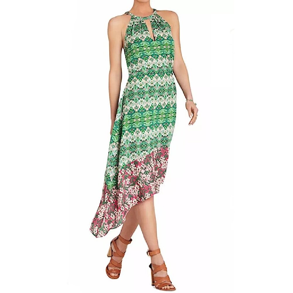 BCBGMAXAZRIA Keelie Asymmetrical Halter Dress - Kelly Green & Pink Floral Print